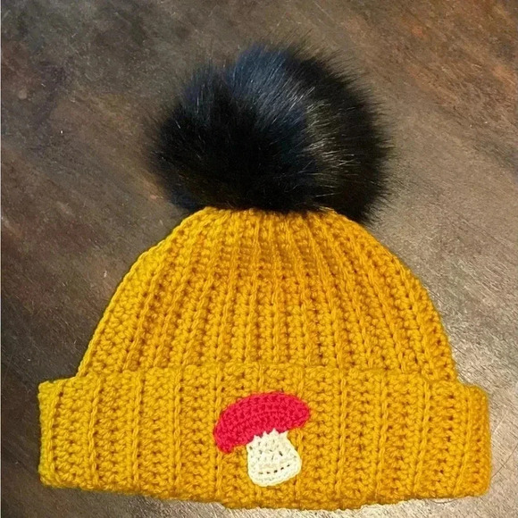 Chunky Oversized Cuffed Fall Winter Beanie Faux Fur‎ PomPom - Mushroom Mustard - Picture 1 of 3